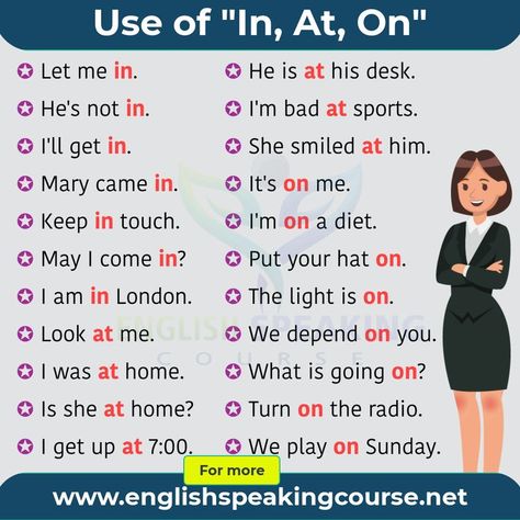 In At On Prepositions, English Grammar For Beginners, Basic English For Kids, Grammar For Beginners, Basic English Grammar, In On At, Advance English, Learn Thai Language, English Conversation Learning