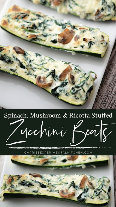 Zucchini boats stuffed with spinach, mushrooms, ricotta and mozzarella cheeses; then baked until tender and golden brown. Zucchini Stuffed, Stuffed Zucchini Boats, Easy Zucchini Recipes, Spinach Mushroom, Stuffed Zucchini, Zucchini Boats, Easy Zucchini, Spinach Stuffed Mushrooms, Veggie Side Dishes