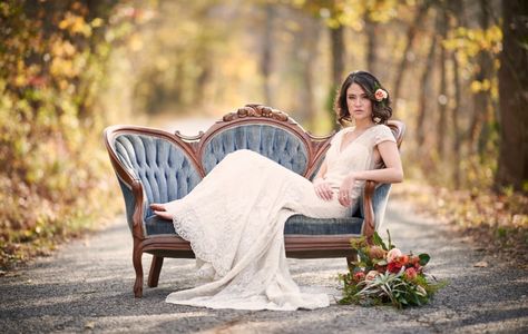 Antique Sofa Photoshoot, Vintage Love Seat, Dark Weddings, Vintage Furniture Wedding, Antique Couch, Formal Photos, Friday Wedding, Champagne Problems, Vintage Couch