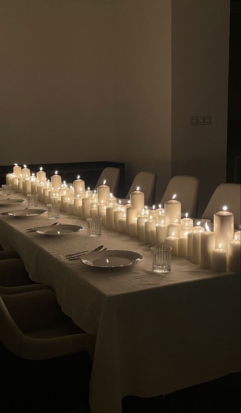 Aesthetic, dinner table, a lot of candles on the table, white candles, aesthetic, dinner, wedding wedding, candles Dinner Party Table Settings, Dinner Party Table, Party Table Settings, Dinner Table Setting, Dinner Table Decor, Candle Table, Candle Aesthetic, Table Set Up, Long Table