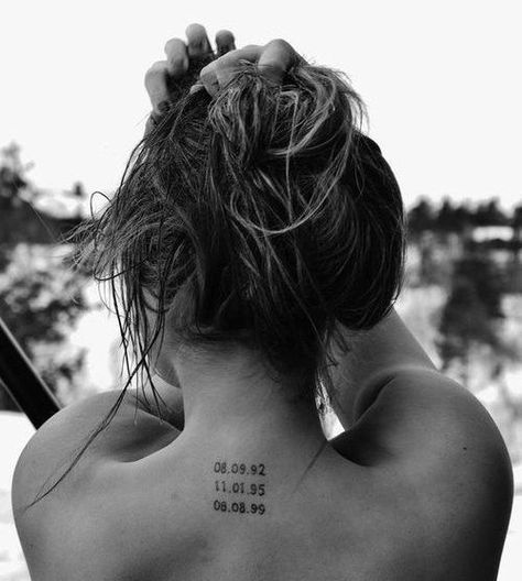 35 Splendid Back of Neck Tattoo Designs Mutterschaft Tattoos, Birthdate Tattoo, Datum Tattoo, Piercing Eyebrow, Tattoo For Baby Girl, Best Neck Tattoos, Coordinates Tattoo, Roman Numeral Tattoos, Date Tattoos