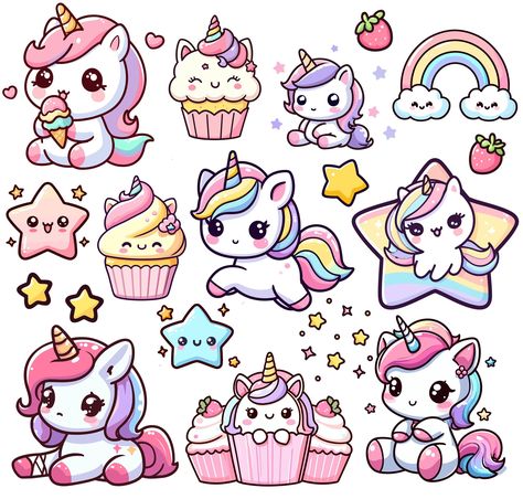 Cute Stickers Unicorn, Mini Cute Stickers, Unicorn Stickers Printable Free, Kawaii Stickers Printable Scrapbooking, Simple Unicorn Drawing, Chibi Unicorn, Doodles Simple, Cute Rainbow Unicorn, Unicorn Png