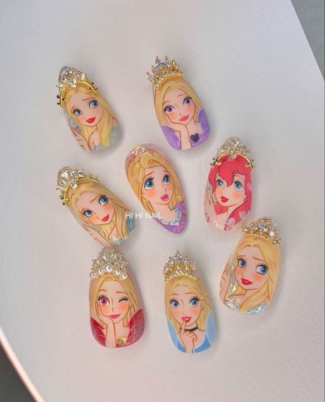 Princess Nail Art Designs, Disney Inspired Nails Princesses, Disney Princess Nail, Princess Nail Designs, Disney Princess Nail Art, Korea Nail Art, Princess Nail Art, Aesthetic Nail Art, Coquette Nail