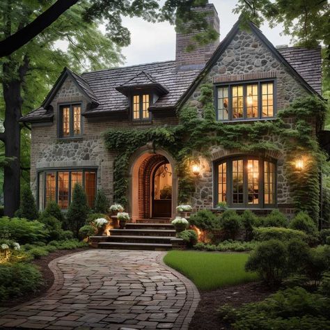 Stone Exterior Houses, Stone Exterior, Cottage Exterior, Brick Exterior House, Casa Patio, Tudor House, Stone Cottage, Exterior Stone, Cottage House Plans