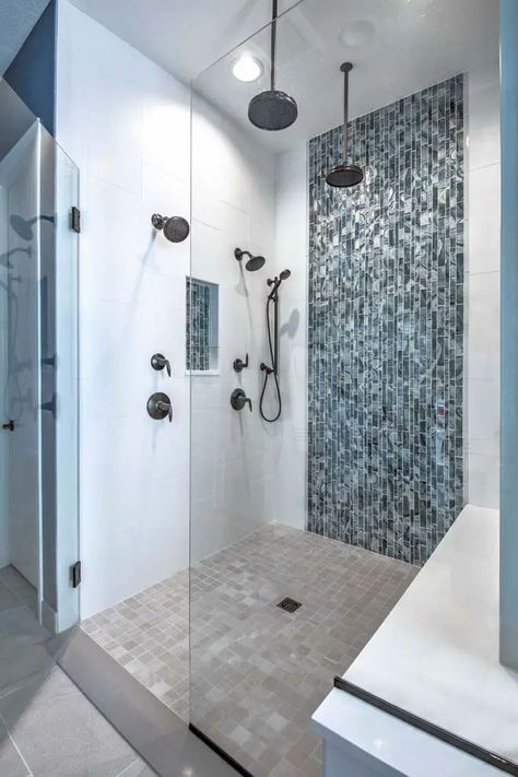 Side-by-Side Shower Heads Blue Tile Bathroom, Glass Tile Bathroom, Tile Walk In Shower, Teal Bathroom, Master Bath Shower, Full Bathroom Remodel, Dream Master, Bathroom Shower Design, Small Bathroom Makeover