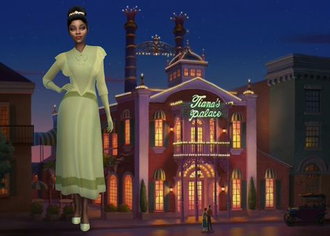 Tiana Sims 4 Cc, Sims 4 Tiana, Disney Princess Challenge, Tiana Dress, Disney Challenge, Disney Princess Tiana, Dress With Gloves, Medieval Ages, Sims 4 Mm Cc