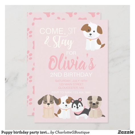 Puppy birthday party invitation Pink Pawty Dog Party Girl, Puppy Birthday Party Invitations, Puppy Birthday Invitations, Puppy Invitations, Puppy Birthday Party, Puppy Pawty, Dog Birthday Invitations, Dog Themed Birthday Party, Puppy Birthday Parties