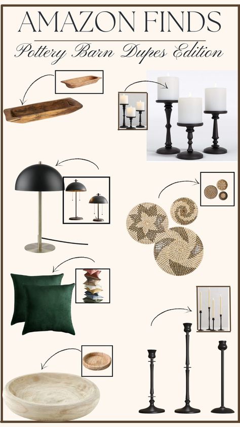 Home decor pieces inspired by Amazon, wooden bowl, desk lamp, candle holders Pottery Barn Inspired Dining Room, Decorating With Green Accents, Pottery Barn Aesthetic, Pottery Barn Living Room Ideas 2023, Pottery Barn Style Living Room, Pottery Barn Decorating Ideas, Target Home Decor Living Room, Pottery Barn Living Room Ideas, Pottery Barn Mantle Decor