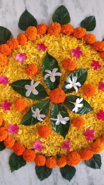 Small Flower Rangoli Designs Simple, Rangoli Designs With Flowers Petals, Rangoli From Flowers, Flower Rangoli Designs Simple, Small Flower Rangoli, Wedding Rangoli, Flower Rangoli Designs, Apartments Ideas, Simple Flower Rangoli