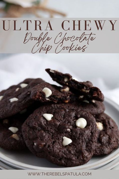 a plate of double chocolate chip cookies Domino Cookies Great American Cookie, Double Chocolate Chip Cookies Recipe, Chewy Double Chocolate Chip Cookies, Domino Cookie Recipe, Domino Cookies, Great American Cookie Recipe, American Cookies Recipe, Health Dessert Recipes, Double Chocolate Chip Cookie Recipe