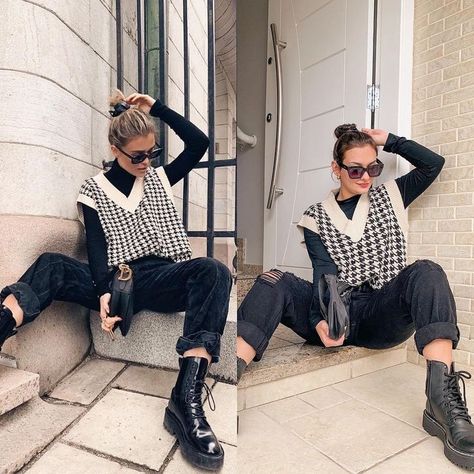 Sweater Vest Midsize, Houndstooth Sweater Vest Outfit, Houndstooth Vest Outfit, Houndstooth Sweater Outfit, Black Sweater Vest Outfit, Oversized Sweater Vest Outfit, Houndstooth Sweater Vest, Fall Vest Outfits, Sweater Vest Outfit Women