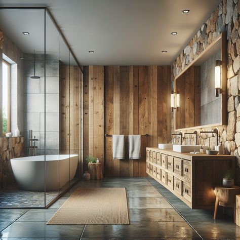 The bathroom is well-lit, featuring a combination of natural materials like wood and stone. Acknowledge a spacious wooden vanity adorned with contemporary fixtures, a large mirror stretching over it. The floor and walls should be constructed of rough, natural stones offset by smooth, modern surfaces. Create a frameless glass shower enclosure to welcome openness and feature a freestanding bathtub to imbue luxuriousness. This image should serve as a model for a bathroom remodel inspiration. Bathroom Design Wood, Bathroom Oasis, Wood Interior Design, Stone Bathroom, Boys Bathroom, Rustic Bathroom, Wood Interiors, Modern Cabin, Bathroom Remodel Master