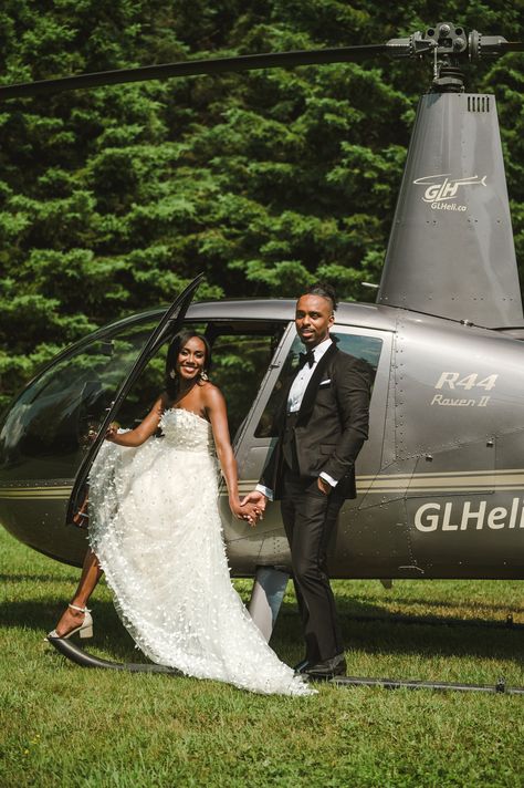 A Helicopter grand entrance was the Grandest Possible Wedding Grand Entrance! Your wedding is one of the most memorable events of your life. You spend countless hours planning every detail, from the guest list to the dress, to ensure that everything is perfect. But have you considered arriving at your wedding by helicopter? This unconventional entrance is sure to make a statement and leave a lasting impression on your guests. Helicopter Photoshoot, Beach Dinners, Helicopter Wedding, Robinson R44, Flight School, Cambridge Ontario, The Guest List, Wedding Transportation, Beach Dinner