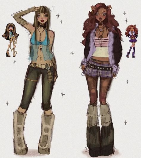 Oc Drawing Outfits, Monster High Characters Design, Brats Fanart, Monster High Doll Drawing, Monster High Outfits Drawings, Monster High Characters Outfits, Monster High Reference, Monster High Style Clothes, Clawdeen Drawing