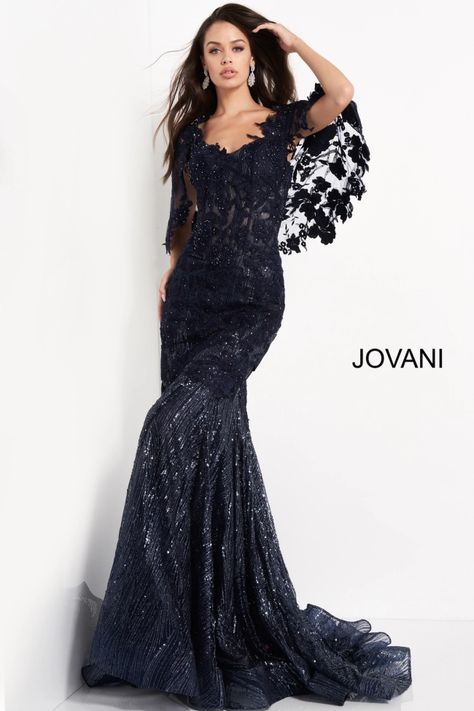 Formal Evening Gown, Formal Evening Wear, Trumpet Dress, Wedding Designer, Lace Prom Dress, Jovani Dresses, Cape Sleeves, Stunning Gowns, Lace Evening Dresses