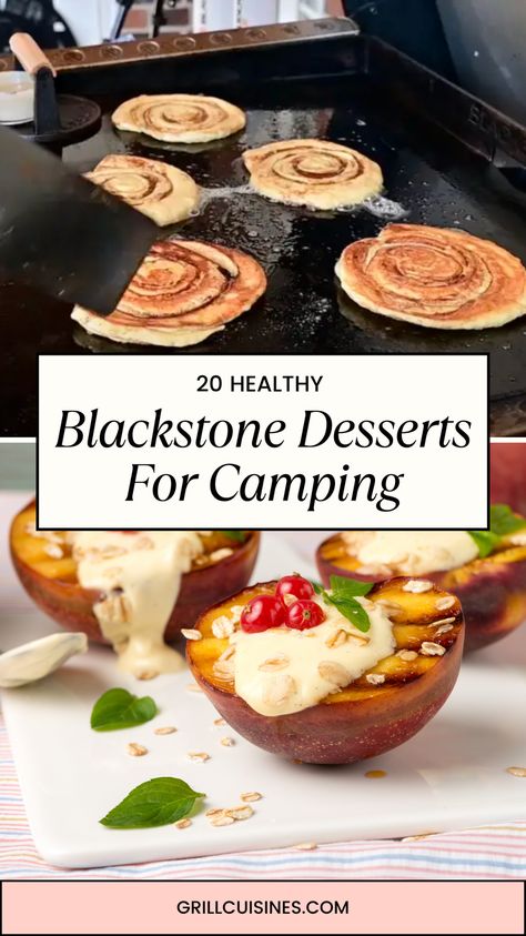 Looking for easy and healthy griddle camping desserts to make? I have shared Blackstone dessert recipes like smore's pizza, dessert quesadillas, french toast, cinnamon rolls, grilled peach, and more! Check out for more recipes. Easy Blackstone Griddle Recipes Healthy, Blackstone Griddle Desserts, Blackstone Dessert Recipes, Blackstone Desserts, Easy Camping Desserts, Griddle Meals, Blackstone Meals, French Toast Cinnamon, Blackstone Breakfast