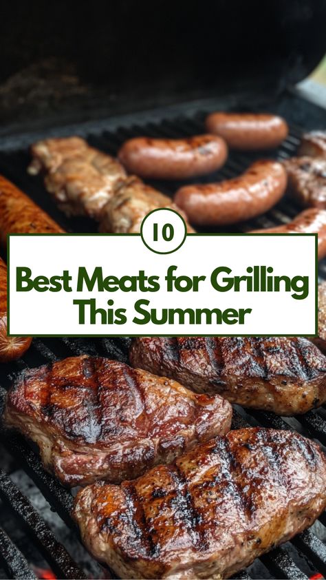 A variety of grilled meats including juicy steaks, tender chicken, and sausages cooking on a summer BBQ grill. Bbq Meat Ideas Barbecue, Bbq Meat Ideas, Best Meat To Grill, Meats To Grill, Bbq Grill Recipes, Meat On The Grill, Grilling Guide, Bbq Games, Grilled Meat Recipes