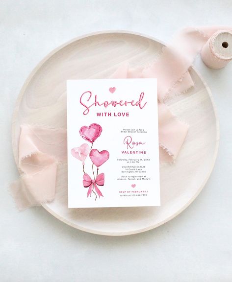 February Hearts, Showered With Love, Spring Recruitment, Valentine Theme, February Birthday, Bridal Shower Invitations Templates, Turning One, Heart Balloons, Edit Text