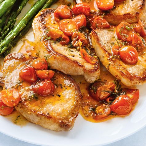 Seared Pork Chops with Wilted Tomatoes | Ricardo Tomato Pork Chop Recipes, Pork Chops Tomatoes, Pork Chops Cherry Tomatoes, Pork Chop And Tomato Recipes, Pork Tomato Recipe, Pork Chop Tomato Recipe, Pork And Tomatoes Recipe, Pork Chops With Tomatoes, Butterfly Pork Chop Recipes