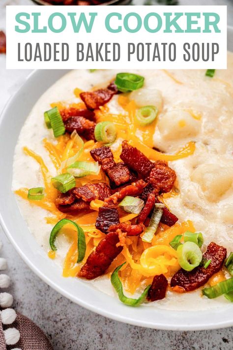 This healthy slow cooker loaded baked potato soup is the best meal for a chilly, busy day. Made in the crockpot for a hands off meal, this soup can be put on in the morning and ready for dinner for a delicious bowl of comfort. Tender chunks of potato and vegetables are cooked in a seasoned chicken broth until tender and then enriched with evaporated milk and cheese for a super creamy soup. Slow Cook Potato Soup, Loaded Potato Soup Crockpot, Epic Kitchen, Bake Potato, Loaded Baked Potato Soup Recipe, Baked Potato Soup Recipe, Winter Dinners, Slow Cooker Potato Soup, Potato Soup Crock Pot