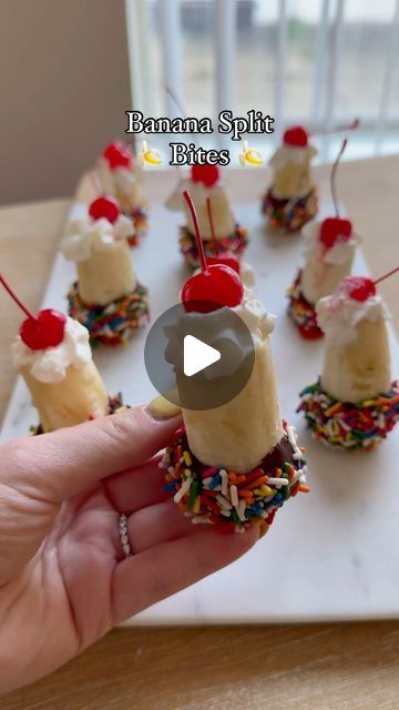 Banana Split Bites, Summer Recipe, Whip Cream, Chocolate Sprinkles, Melted Chocolate, Banana Split, Melting Chocolate, Summer Recipes, Bananas