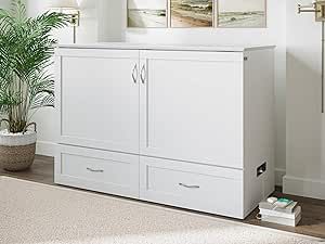 AFI, Hamilton Murphy Bed Chest with 6 inch Memory Foam Folding Mattress, Built-in Charging Station and Storage Drawer, Full, White Murphy Bed Chest, Full Murphy Bed, Fold Out Couch, Bed Chest, Full Size Murphy Bed, Murphy Bed Desk, Bed Foundation, Folding Mattress, Comfortable Bed