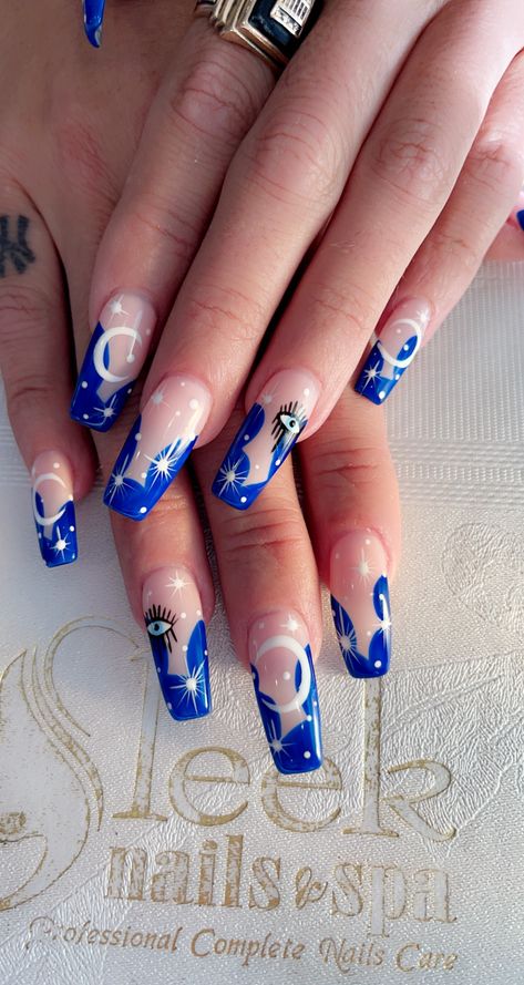 Moon And Star Nails Acrylic Coffin, Over The Moon Nails, Moon Theme Nails, Ramadan Nails Art, Blue Acrilyc Nails, Moon And Star Nails Acrylic, Star Themed Nails, Ramadan Nails, Moon And Star Nail Designs