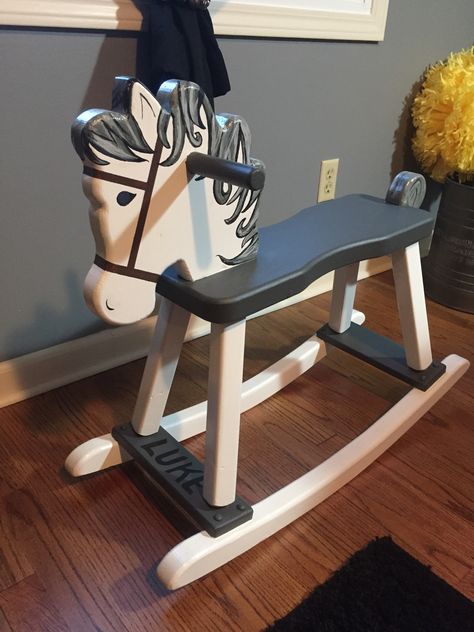 Hand painted rocking horse Rocking Horse Painting Ideas, Wooden Rocking Horse Painted, Painted Rocking Horse, Rocking Horses Painted, Rocking Horse Diy, Batman Baby Shower, Baby Rocking Horse, Wooden Horses, Toddler Painting