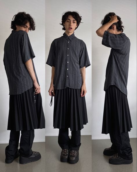 Steampunk High Fashion, Masc Outfits Aesthetic Summer, Masc Goth Outfits Plus Size, Cloths Reference Photo, Guy In Skirt Outfit, Loose Flowy Outfits, Men In Long Skirts, Korean Street Fashion Summer 2024, Masc Date Outfits