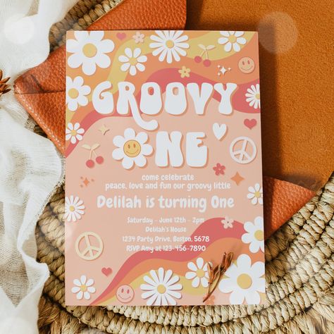 Five Is A Vibe, Flower Power Party, Hippie Birthday Party, Groovy One, Hippie Birthday, Floral Birthday Invitations, Daisy Party, Floral Birthday Party, 1st Birthday Party Invitations