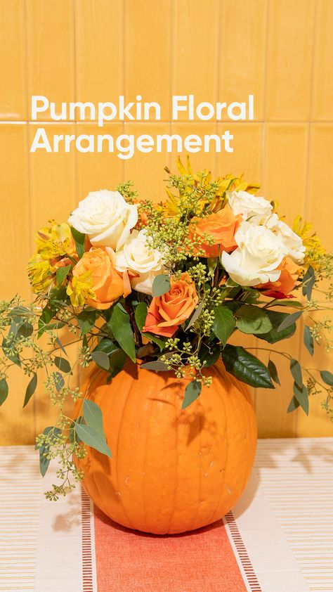 How To Make a Fall Floral Arrangement Using a Pumpkin Pumpkin Flower Arrangement, Christmas Floral Arrangements Diy, Pumpkin Floral Arrangements, Fall Pumpkin Centerpieces, Pumpkin Arrangements, Pie Pumpkin, Easy Fall Decor, Plastic Pumpkins, Fall Floral Arrangements