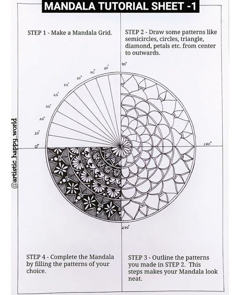 Mandala Drawing Geometric, Mandella Drawings Easy, Mandala Art With Measurements, Mandala Art Lesson Easy, Mandellas Design, Mandela Tutorial, Mandala Pattern Ideas, Beginner Mandala Drawing, Mandala Practice