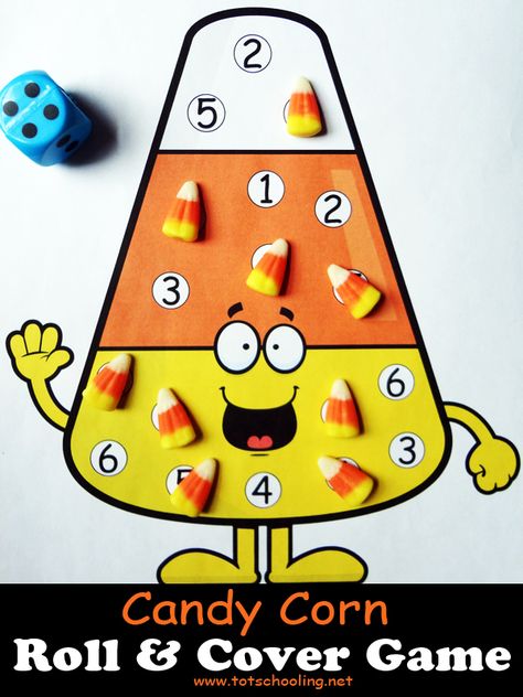 Candy Corn Roll & Cover Math Game: Free Printable Roll And Cover, Thanksgiving Games For Kids, Halloween Kindergarten, Free Games For Kids, Fall Kindergarten, Halloween Games For Kids, Halloween Preschool, Halloween Math, Fall Preschool