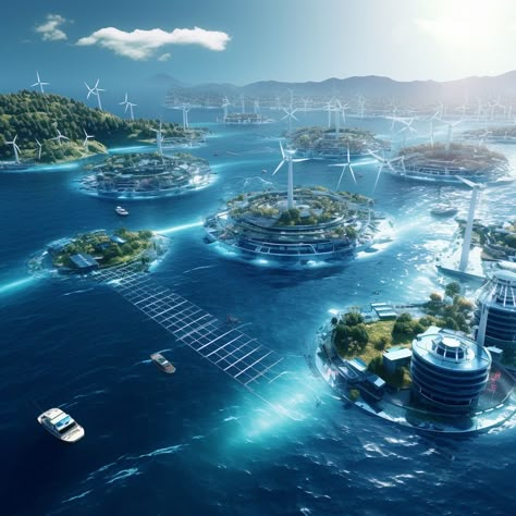 An oceanic scene powered by renewables, featuring a network of floating solar panels and offshore wind farms, the azure sea reflecting the clean energy infrastructure, distant ships powered by green technology, conveying a vision of a sustainable maritime future, 3D rendering, emphasizing the sleek design of renewable energy platforms. A Pixar 3D animated view from bird's eye, glistening solar panels and wind turbines with pristine gently flowing waves, the sun shines bright in blue sky, seagu Utopia City, Scifi Building, Earth's Spheres, Solar City, Offshore Wind Farms, Eco City, Solar Farm, Sci Fi Environment, Floating City