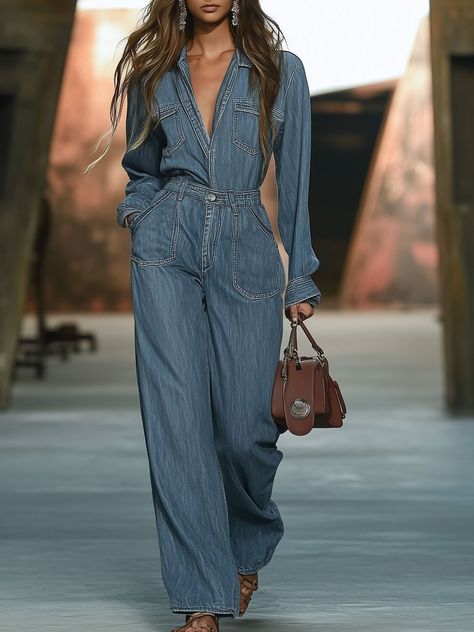 Simple Retro, Go To Work, Long Sleeve Jumpsuit, Womens Clothing Stores, Velvet Tops, Denim Jumpsuit, Wide Leg Denim, Premium Denim, Womens Fashion Casual