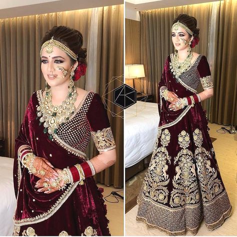 Buy this look with pure velvet base with can cane net @ 3900 INR ONLY  To buy WhatsApp @ +91 9054562754 Wedding Makeup Burgundy, Makeup Burgundy, Bridal Lehenga Collection, Designer Bridal Lehenga, Indian Bridal Lehenga, Deep Maroon, Bridal Lehenga Red, Bridal Outfit, Indian Bridal Dress