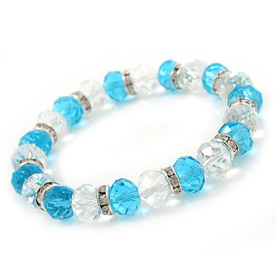 Light Blue/ Transparent Glass Bead With Silver Tone Crystal Ring Stretch Bracelet - up to 21cm Length - main view Blue Crystal Bracelet With Silver Beads, Handmade Blue Crystal Bracelet, Handmade Light Blue Crystal Bracelet With Round Beads, Handmade Blue Glass Bracelets, Adjustable Light Blue Crystal Bracelet With Round Beads, Beaded Bracelets Tutorial, Diy Bracelet Designs, Crystal Beads Bracelet, Gemstone Beaded Bracelets