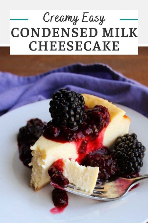 This creamy baked sweetened condensed milk cheesecake only takes a handful of ingredients, but results in a smooth and creamy dessert every time. It’s so good my sister requested it for her wedding cake! Condensed Milk Cheesecake, Perfect Cheesecake, Sweetened Condensed Milk Recipes, Plain Cheesecake, Cherry Topping, Condensed Milk Recipes, Cinnamon Muffins, Buttered Noodles, How To Make Cheesecake