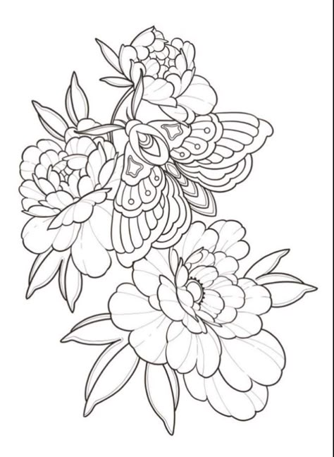 Yarn And Flowers Tattoo, Moth Butterfly Flower Tattoo, Moth On Flower Tattoo, Peony And Moth Tattoo, Black Work Flower Tattoo Design, Moth Peony Tattoo, Flower Tattoo Outline Drawing, Peony Color Tattoo, Neotraditional Flower Tattoo Designs