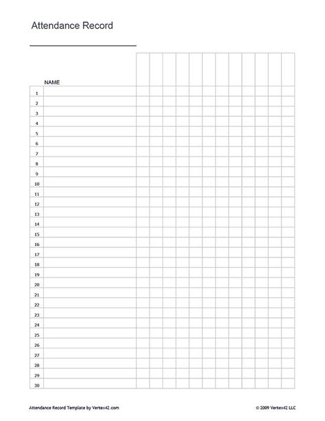 Free printable Attendance Record (PDF) from Vertex42.com Blank Attendance Sheet Free Printable, Free Attendance Sheet Printable, Printable Attendance Sheets Free, Attendance Chart Printable, Blank Charts Templates Free Printable, Attendance List, Attendance Register, Classroom Attendance, Attendance Chart