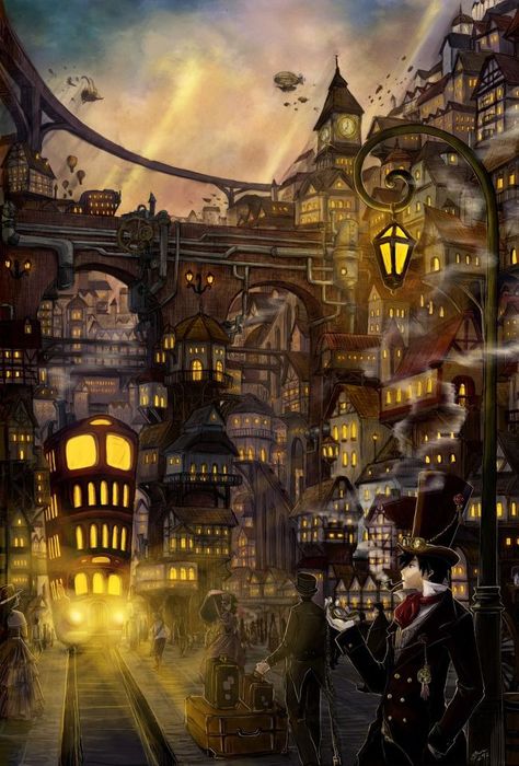 ʂŧɘąɱ ~ Steampunk & Victoriana ~ Le petit monde de Guiz: Ville steampunk Ville Steampunk, Steampunk Kunst, Steampunk City, Creature Fantasy, Steampunk Artwork, Steampunk Aesthetic, Art Geek, Art Steampunk, Diesel Punk