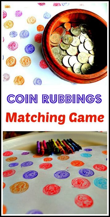 Math and art activity rolled into one for preschoolers: A fun matching game and other coin rubbings ideas. Quarter Activities For Preschool, Money Theme Preschool, Money Sensory Activities, Quarter Crafts For Preschool, Money Eyfs Activities, Pirates Eyfs Activities, Money Crafts For Preschoolers, Money Eyfs, Coin Rubbing