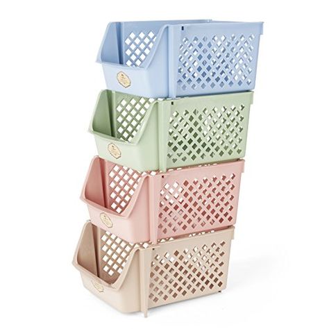 [Toy Storage Ideas] Titan Mall Storage Bins Plastic Stackable Storage Bins for Food, Fruits, Files, Mixed Color Storage Baskets, 15 X 10 X 7 Inch/bin, Blue-Green-Pink-Khaki, Set of 4 -- More info could be found at the image url. (This is an affiliate link) #ToyStorageIdeas Pantry With Deep Shelves, Organize A Pantry, Office Oasis, Amazon Storage, Stacking Basket, Stackable Baskets, Stacking Bins, Stackable Bins, Food Pantry Organizing