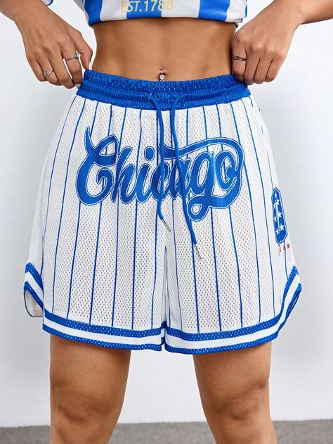 Women's Drawstring Fashionable Stripe & Letter Print Hip-Hop Style Sports Basketball Shorts Royal Blue Casual   Mesh Fabric Colorblock,Letter,Striped Track Shorts Medium Stretch  Women Clothing, size features are:Bust: ,Length: ,Sleeve Length: White Nike Socks, Basketball Style, Performance Outfits, Style Hip Hop, Estilo Hip Hop, Clothing Patches, Track Shorts, Shorts Casual, Sports Basketball