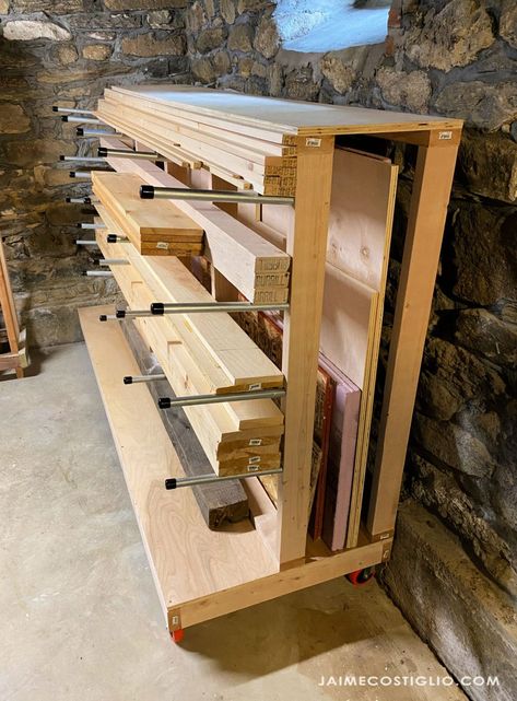 A DIY tutorial to build a lumber rack including plans. Make this movable lumber storage rack to house full sheets and boards. #freeplans Officine In Garage, Pallet Deck Diy, Lumber Storage Rack, Rangement Art, Wood Storage Rack, Plywood Storage, Lumber Rack, Workshop Layout, Lumber Storage