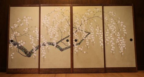 Fusuma doors #15 | 4 panel set of Fusuma doors ready for ins… | Flickr Folding Screens, Japanese Screen, Rubio Monocoat, Red Maple, Folding Screen, Sakura Cherry Blossom, Room Partition, Gold Silk, Hand Paint