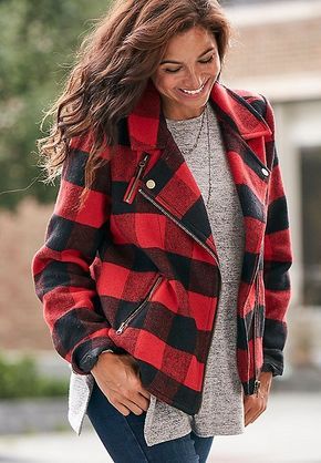 buffalo plaid moto jacket | maurices Checked Jacket, Plaid Coat, Bb Dakota, Red And Black Plaid, Plaid Jacket, Red Jacket, Black Plaid, Moto Jacket, Outfits Casuales