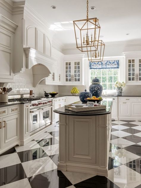 A Palm Beach Regency Style Home- The Glam Pad Checkered Flooring, White Kitchen Floor, Pretty Kitchen, White Kitchen Design, Pool Design, Gorgeous Kitchens, Transitional Kitchen, Trendy Kitchen, Black Kitchens