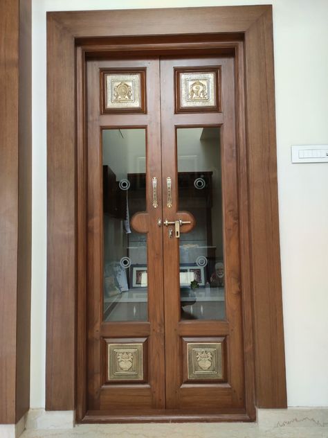 Cupboard Mandir Design, Double Door Pooja Room Design, Teak Wood Pooja Door Design, Dev Ghar Design, Gopuram Designs, Puja Room Door, Puja Room Door Design, Temple Door Design, Door Designs Wooden