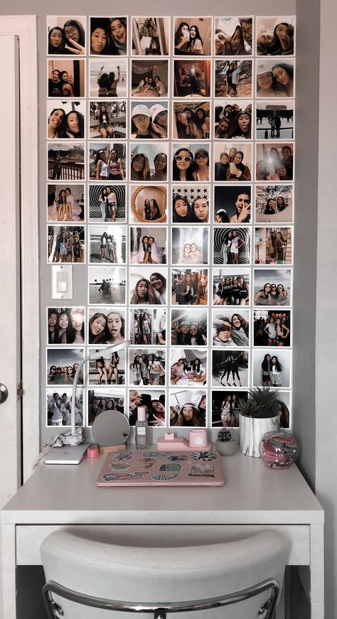 Photo Wall Above Desk, Desk Photo Display, Cute Desk Ideas, Bedroom Pictures, Desk Ideas, Wall Desk, Cute Desk, Diy Desk, Work Desk